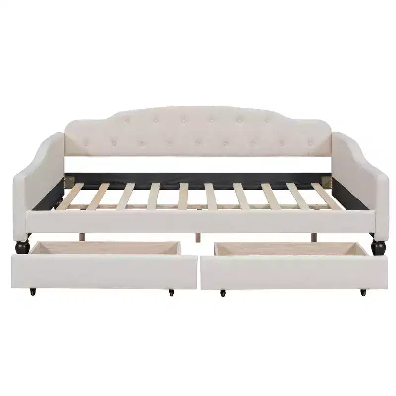 Lit de repos rembourré pleine grandeur avec 2 tiroirs, canapé-lit en lin avec dossier capitonné pour chambre à coucher, salon, chambre d'amis, beige