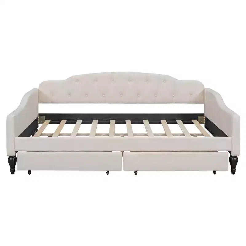 Lit de repos rembourré pleine grandeur avec 2 tiroirs, canapé-lit en lin avec dossier capitonné pour chambre à coucher, salon, chambre d'amis, beige