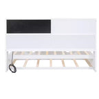 Lit de repos double avec lit gigogne et étagères de rangement, lit plateforme en bois avec station de recharge, port USB, tableau noir et tableau en liège, blanc
