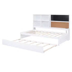 Lit de repos double avec lit gigogne et étagères de rangement, lit plateforme en bois avec station de recharge, port USB, tableau noir et tableau en liège, blanc