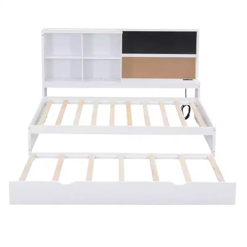 Lit de repos double avec lit gigogne et étagères de rangement, lit plateforme en bois avec station de recharge, port USB, tableau noir et tableau en liège, blanc