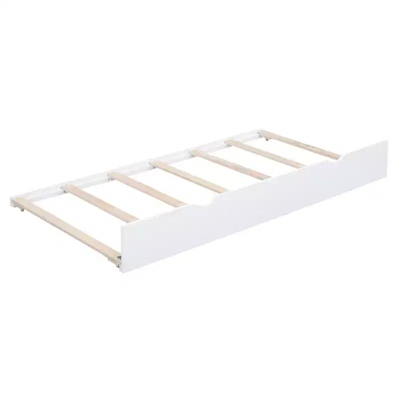Lit de repos double avec lit gigogne et étagères de rangement, lit plateforme en bois avec station de recharge, port USB, tableau noir et tableau en liège, blanc