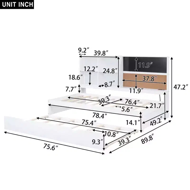 Lit de repos double avec lit gigogne et étagères de rangement, lit plateforme en bois avec station de recharge, port USB, tableau noir et tableau en liège, blanc