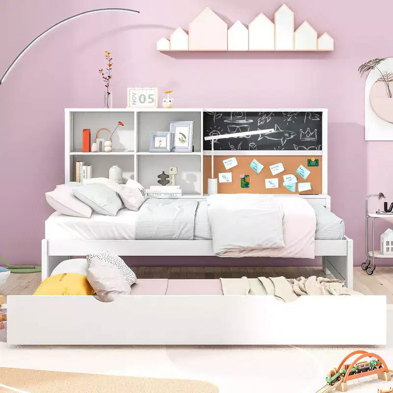 Lit de repos double avec lit gigogne et étagères de rangement, lit plateforme en bois avec station de recharge, port USB, tableau noir et tableau en liège, blanc