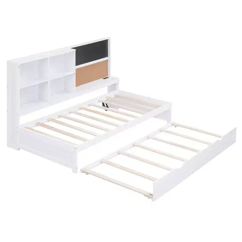 Lit de repos double avec lit gigogne et étagères de rangement, lit plateforme en bois avec station de recharge, port USB, tableau noir et tableau en liège, blanc