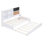 Lit de repos double avec lit gigogne et étagères de rangement, lit plateforme en bois avec station de recharge, port USB, tableau noir et tableau en liège, blanc