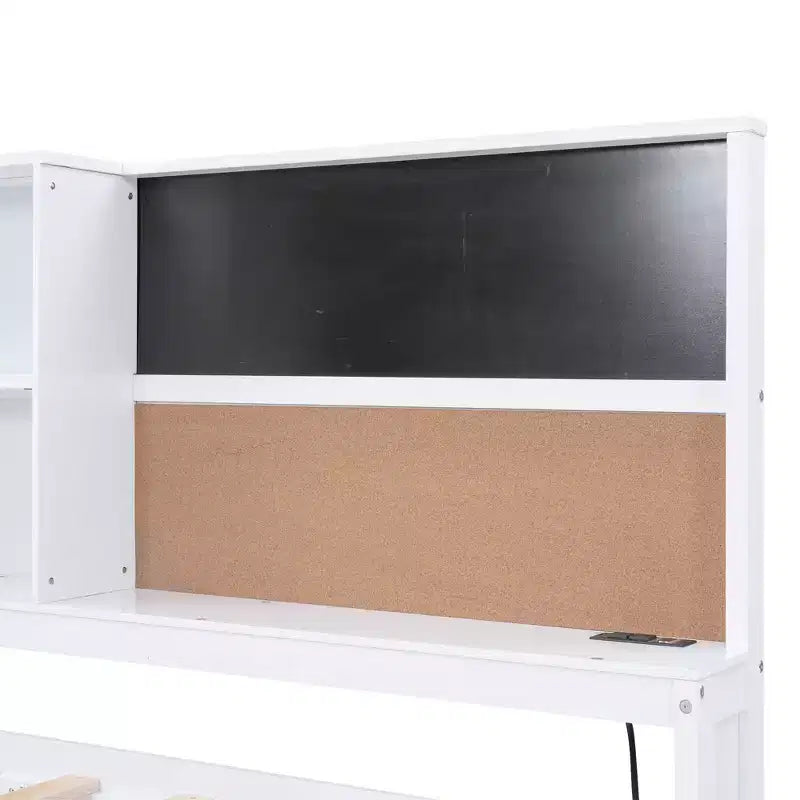 Lit de repos double avec lit gigogne et étagères de rangement, lit plateforme en bois avec station de recharge, port USB, tableau noir et tableau en liège, blanc