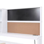Lit de repos double avec lit gigogne et étagères de rangement, lit plateforme en bois avec station de recharge, port USB, tableau noir et tableau en liège, blanc