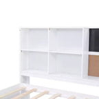 Lit de repos double avec lit gigogne et étagères de rangement, lit plateforme en bois avec station de recharge, port USB, tableau noir et tableau en liège, blanc