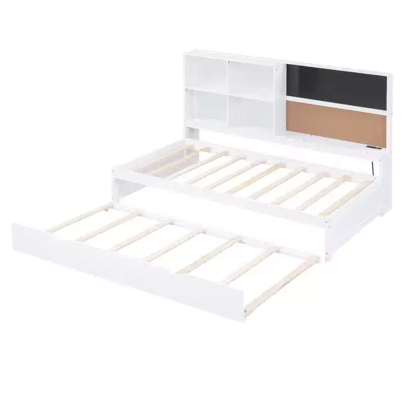 Lit de repos double avec lit gigogne et étagères de rangement, lit plateforme en bois avec station de recharge, port USB, tableau noir et tableau en liège, blanc
