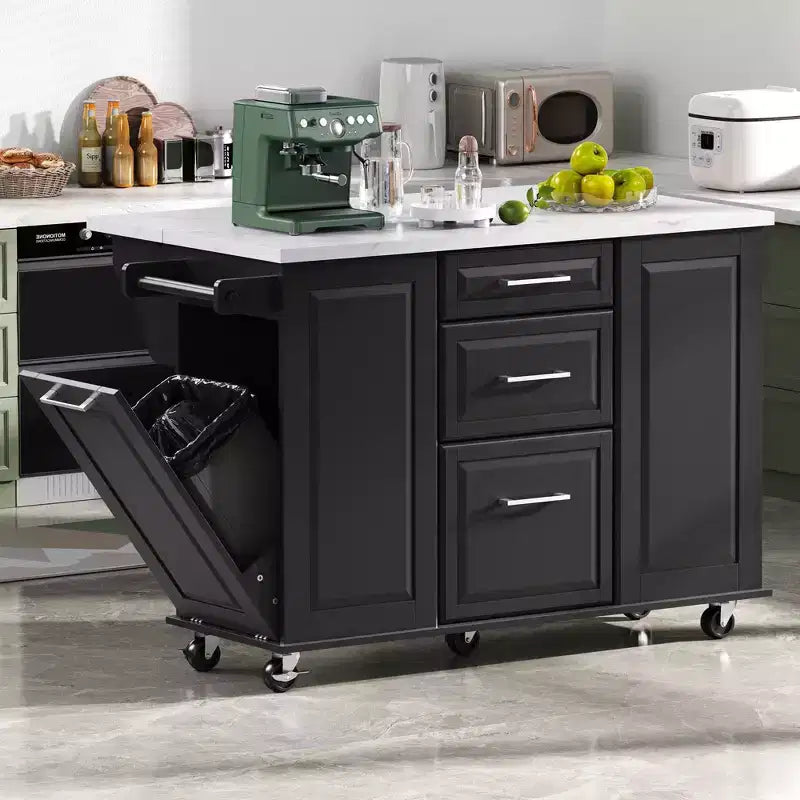 Îlot de cuisine moderne Okak avec abattant et poubelle coulissante, chariot de cuisine roulant avec roues et tiroirs, meuble de rangement table à manger pliante