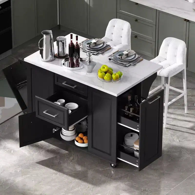 Îlot de cuisine moderne Okak avec abattant et poubelle coulissante, chariot de cuisine roulant avec roues et tiroirs, meuble de rangement table à manger pliante