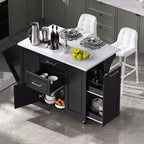 Îlot de cuisine moderne Okak avec abattant et poubelle coulissante, chariot de cuisine roulant avec roues et tiroirs, meuble de rangement table à manger pliante