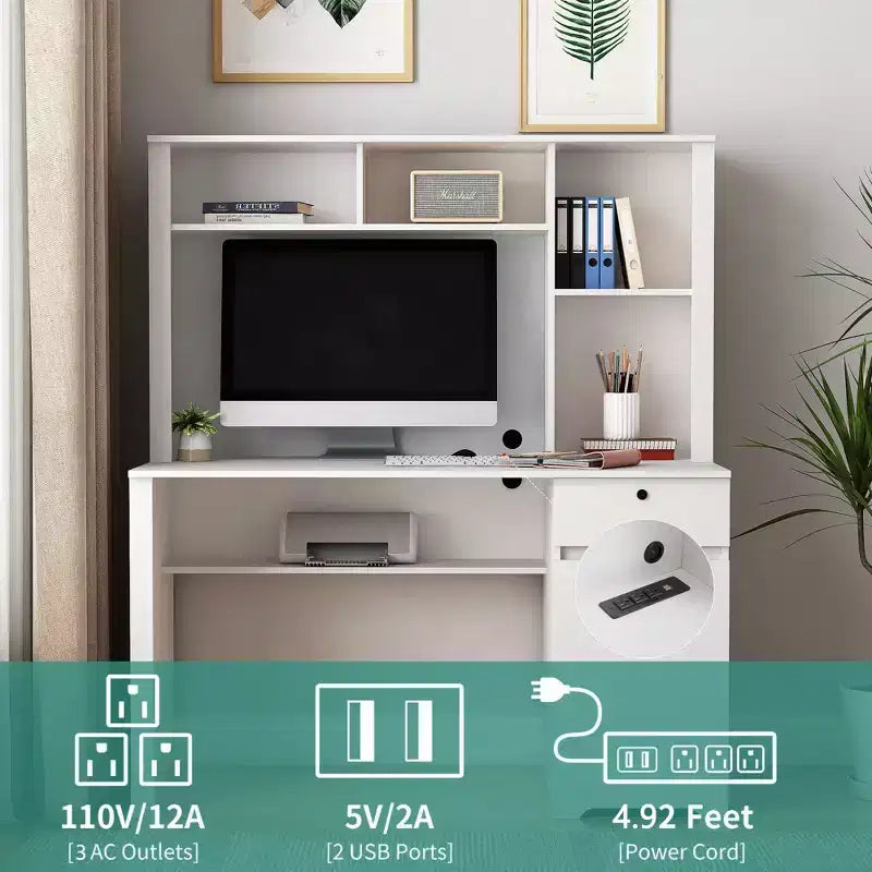 Bureau d'ordinateur, adapté aux adolescents, aux étudiants, pour écrire, les ordinateurs portables et l'usage domestique, avec tiroirs, 3 prises secteur et 2 ports de chargement USB.