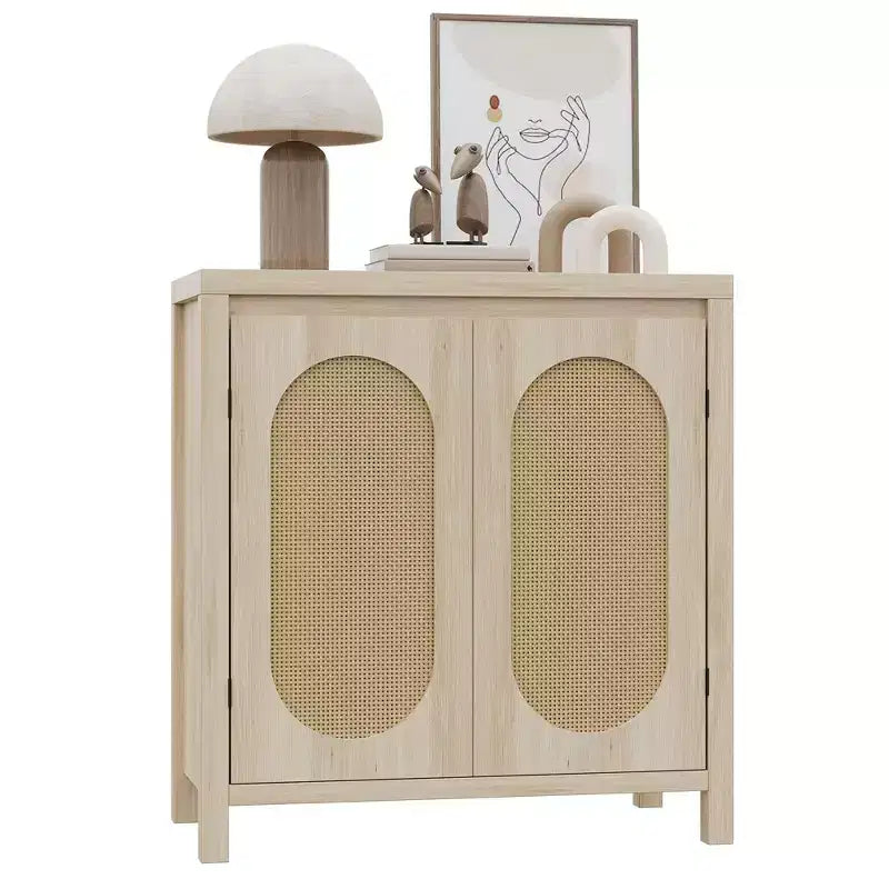 Wood Coffee Bar Cupboard Console Table with Doors and Shelves,2-Door Rattan Storage Cabinet for Hallway, Entry, Living Room