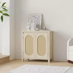 Meuble console de bar à café en bois avec portes et étagères, Armoire de rangement en rotin à 2 portes pour couloir, entrée, salon