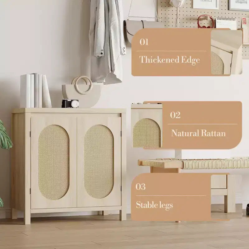 Meuble console de bar à café en bois avec portes et étagères, Armoire de rangement en rotin à 2 portes pour couloir, entrée, salon