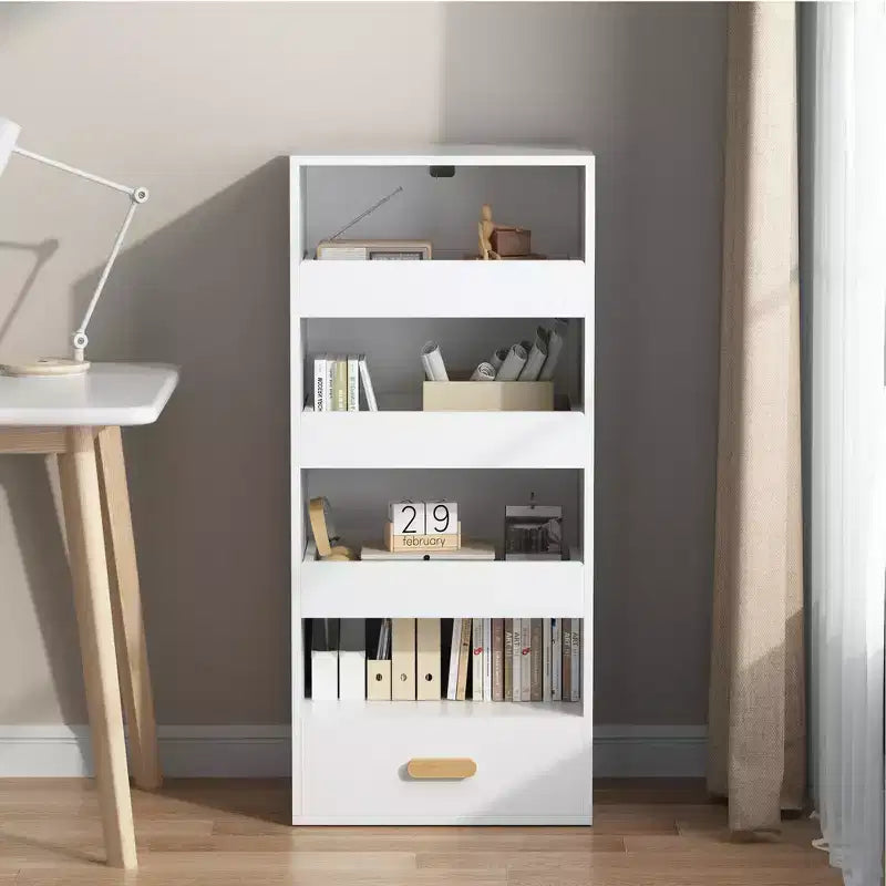 Whisen Bibliothèque Autoportante à 4 Niveaux avec 3 Tiroirs Coulissants et 1 Tiroir du Bas - Blanc