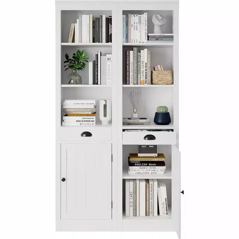 Acekool 71 Tall Bookcase with Cabinet, 3-Shelf Bookcase and Adjustable Storage, Modern Organizer, White, 2-Pack