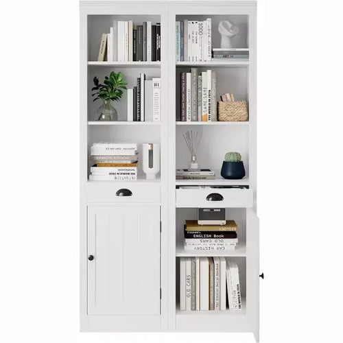 Acekool 71 Tall Bookcase with Cabinet, 3-Shelf Bookcase and Adjustable Storage, Modern Organizer, White, 2-Pack
