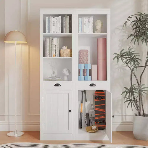 Acekool Bibliothèque haute de 180 cm avec armoire, bibliothèque à 3 étagères et rangement réglable, organisateur moderne, blanc, lot de 2