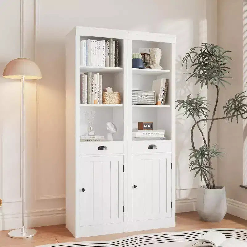 Acekool Bibliothèque haute de 180 cm avec armoire, bibliothèque à 3 étagères et rangement réglable, organisateur moderne, blanc, lot de 2