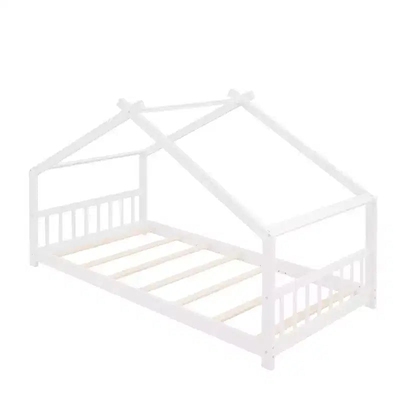 Lit Cabane Montessori en Bois pour Enfants, Taille Double/Complète, avec Cadre de Lit en Forme de Maison et Clôture, Lit Tente de Jeu avec Toit