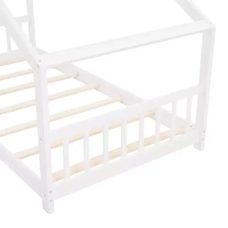 Lit Cabane Montessori en Bois pour Enfants, Taille Double/Complète, avec Cadre de Lit en Forme de Maison et Clôture, Lit Tente de Jeu avec Toit