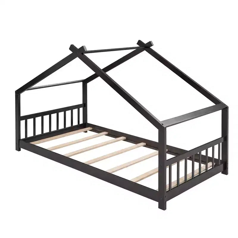 Lit Cabane Montessori en Bois pour Enfants, Taille Double/Complète, avec Cadre de Lit en Forme de Maison et Clôture, Lit Tente de Jeu avec Toit