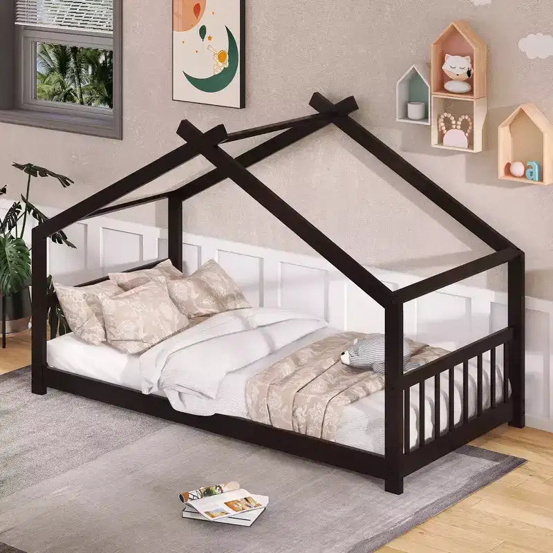 Twin/Full Kids Floor House Bed, Wood Montessori House Bed Frame with Fence, Playhouse Tent Bed with Roof