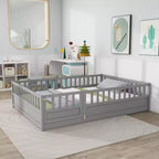 Lit Okak avec cadre pleine grandeur et barrières de sécurité extra-hautes, lit en bois avec porte d'entrée pratique pour chambre à coucher, gris