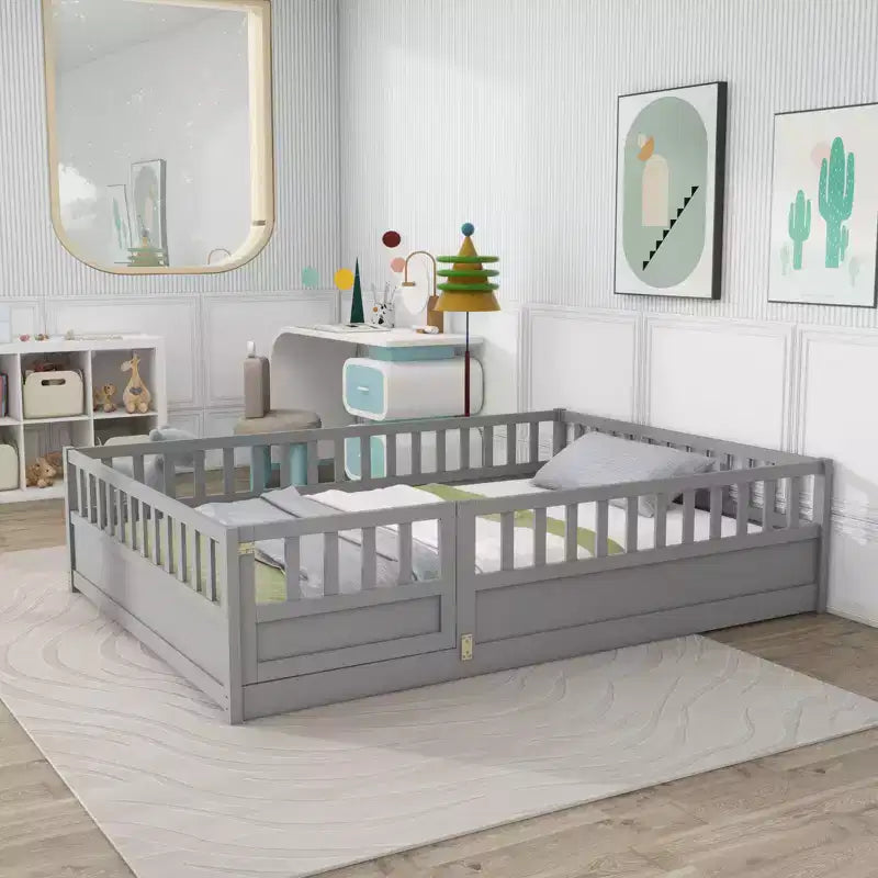Lit Okak avec cadre pleine grandeur et barrières de sécurité extra-hautes, lit en bois avec porte d'entrée pratique pour chambre à coucher, gris
