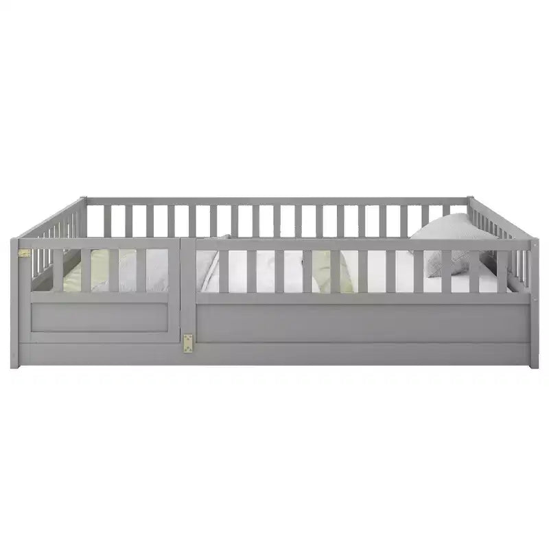 Lit Okak avec cadre pleine grandeur et barrières de sécurité extra-hautes, lit en bois avec porte d'entrée pratique pour chambre à coucher, gris