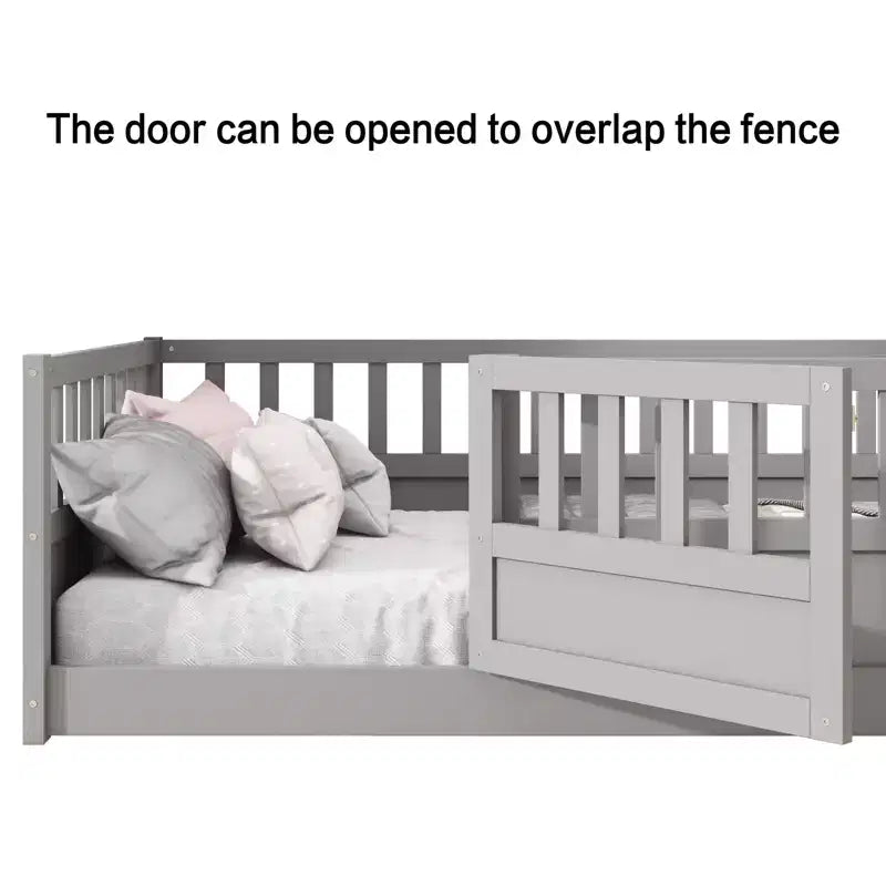Lit Okak avec cadre pleine grandeur et barrières de sécurité extra-hautes, lit en bois avec porte d'entrée pratique pour chambre à coucher, gris