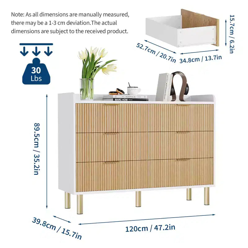 Commode double cannelée à 6 tiroirs pour chambre à coucher, organisateur de commode de rangement en bois pour chambre à coucher, salon
