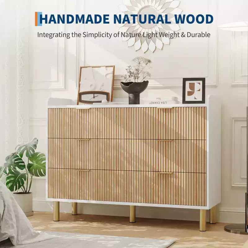 Commode double cannelée à 6 tiroirs pour chambre à coucher, organisateur de commode de rangement en bois pour chambre à coucher, salon