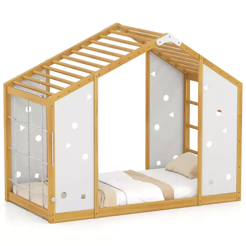 Lit d'escalade double Costway, lit de sol Montessori 2 en 1 avec barres de singe pour garçons et filles