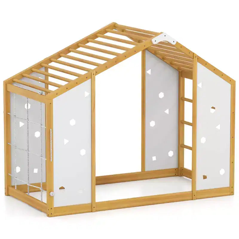 Lit d'escalade double Costway, lit de sol Montessori 2 en 1 avec barres de singe pour garçons et filles