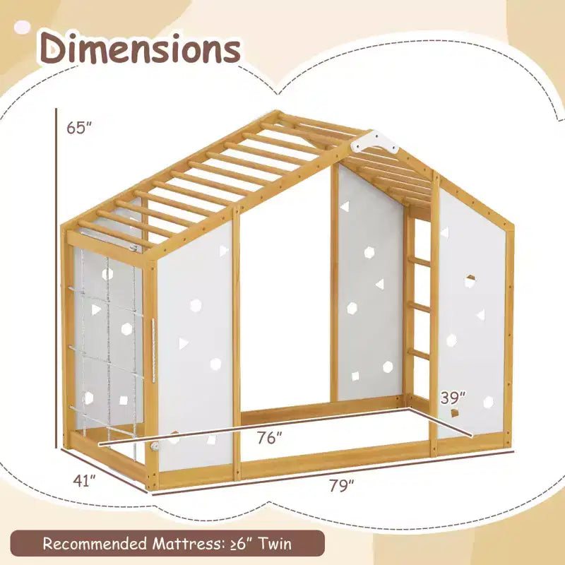 Lit d'escalade double Costway, lit de sol Montessori 2 en 1 avec barres de singe pour garçons et filles