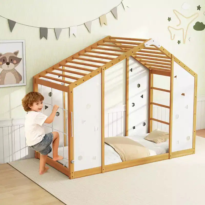 Lit d'escalade double Costway, lit de sol Montessori 2 en 1 avec barres de singe pour garçons et filles