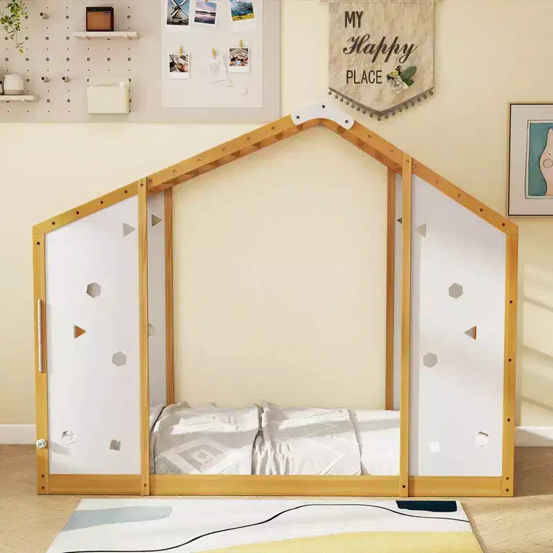 Lit d'escalade double Costway, lit de sol Montessori 2 en 1 avec barres de singe pour garçons et filles