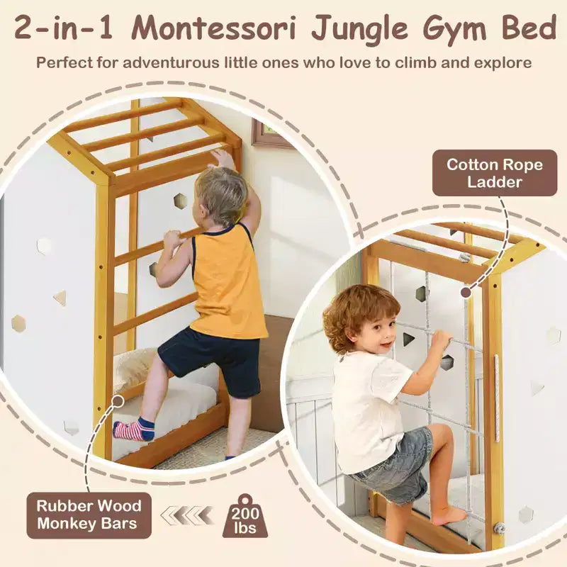 Lit d'escalade double Costway, lit de sol Montessori 2 en 1 avec barres de singe pour garçons et filles