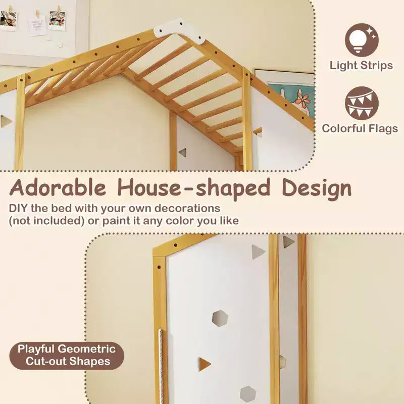 Lit d'escalade double Costway, lit de sol Montessori 2 en 1 avec barres de singe pour garçons et filles