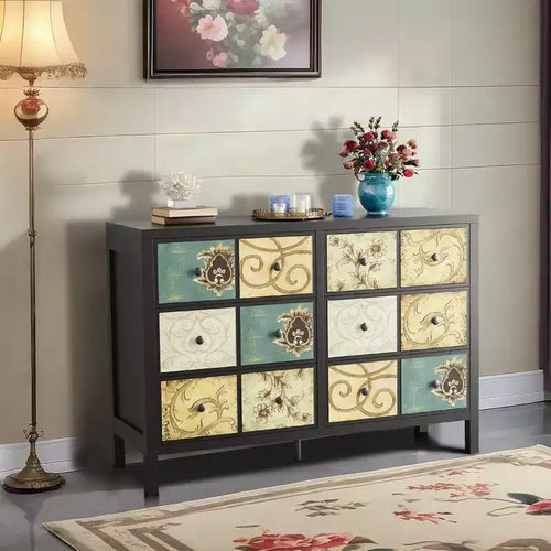 6 Drawer Dresser Living Room Cabinet, Home Storage Furniture, Drawer Storage, Wooden Chest of Drawers, Retro Floral Pattern Dresser,