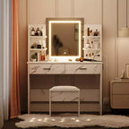 Coiffeuse avec miroir et lumières, ensemble coiffeuse de maquillage avec tabouret rembourré, prise de courant, 6 étagères de rangement, 2 grands tiroirs