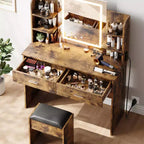 Coiffeuse avec miroir et lumières, ensemble coiffeuse de maquillage avec tabouret rembourré, prise de courant, 6 étagères de rangement, 2 grands tiroirs