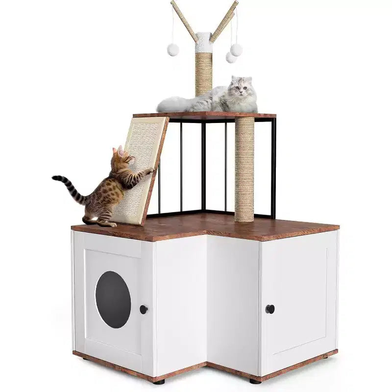 Arbre à chat avec niche pour litière, meuble cache-litière avec poteau à griffer