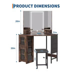 Coiffeuse d'angle et tabouret, Coiffeuse d'angle avec miroir lumineux LED, station de charge et armoire pour chambre à coucher