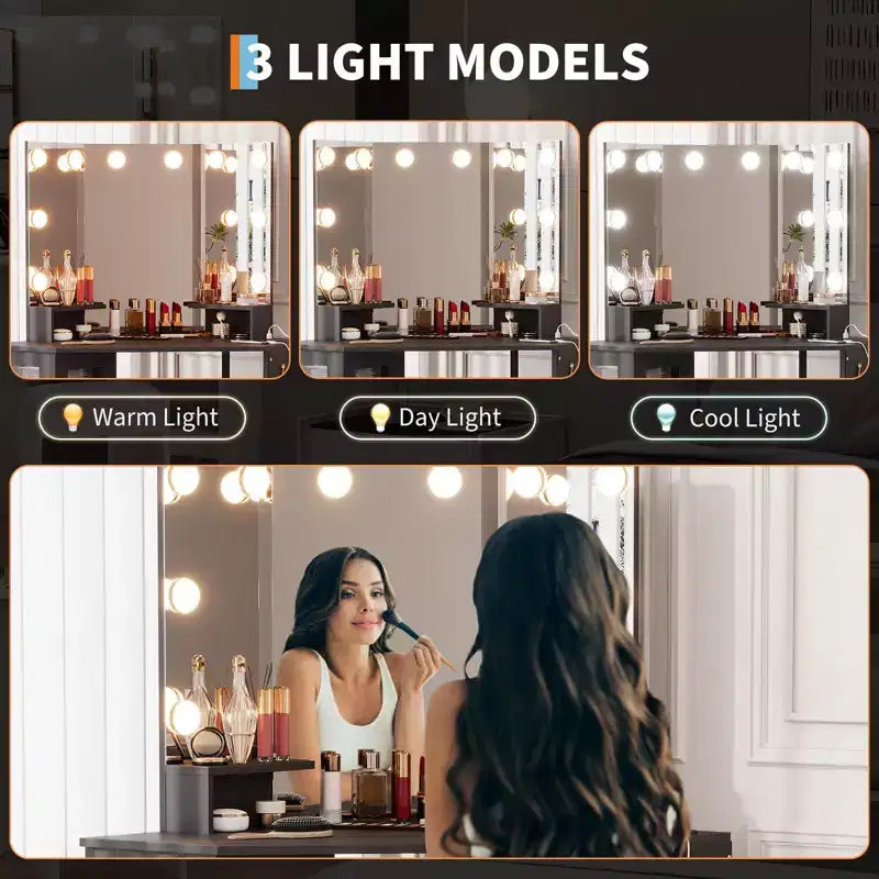 Coiffeuse d'angle et tabouret, Coiffeuse d'angle avec miroir lumineux LED, station de charge et armoire pour chambre à coucher
