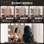 Coiffeuse d'angle et tabouret, Coiffeuse d'angle avec miroir lumineux LED, station de charge et armoire pour chambre à coucher